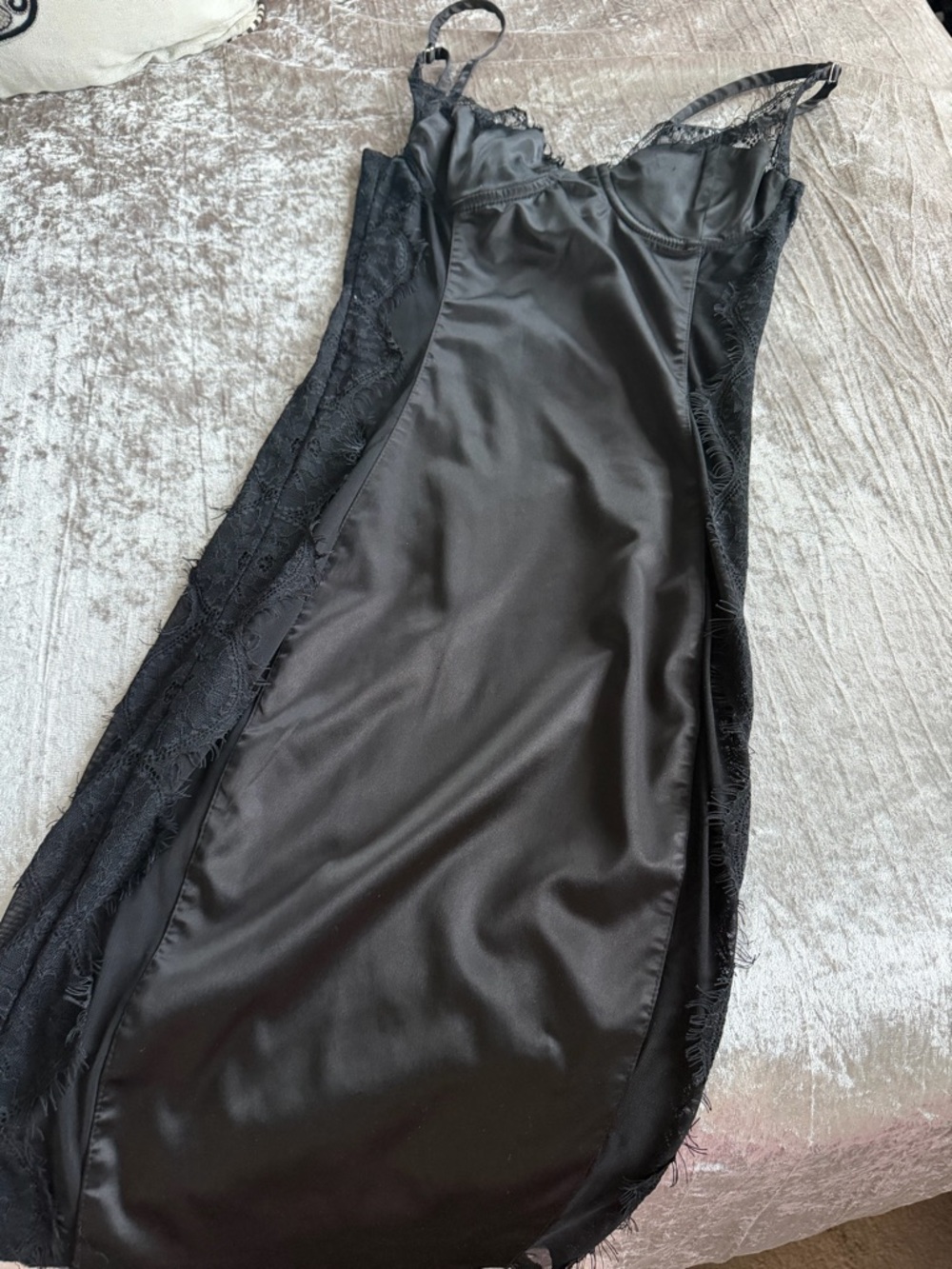 black satin lace mini dress